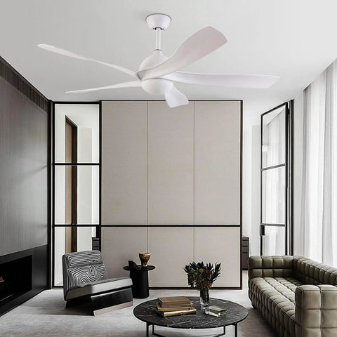 Ceiling Fan with Light and Handheld Controller 6 Speeds 2200LM for Bedroom in modern living room setting.