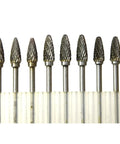 Ten piece Pro Grade Tungsten Carbide Rotary Burr Set Type E One Quarter Inch Cutter with Three Millimeter Shank for Dremel