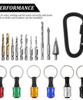 1/4 Inch Hex Shank Bit Holder Keychain For Drill Bits Portable Aluminum Alloy Quick Change shown with drill bits and holders