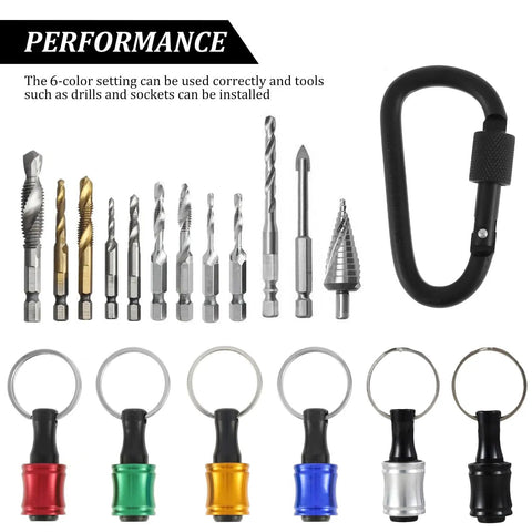 1/4 Inch Hex Shank Bit Holder Keychain For Drill Bits Portable Aluminum Alloy Quick Change shown with drill bits and holders