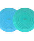 Slick Silicone Tub Stopper Two Pack, 5 Inch Flat Suction Bath Plug With Heavy Grip, Catches Every Stray Hair And Stops Water Drips No Leak Nonsense For Bathtubs And Sinks, Blue And Green Kit displayed.