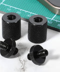 Built Tough Aluminum 4 Pack 1/4 To 1/4 Inch Threaded Tripod Screw Adapters With Double Male Female Ends on a work surface.