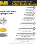 Diagram showing UBANU M4 Wood Screws Assortment Kit, High Hardness Phillips Drive Flat Head Screws Set sizes and quantities.