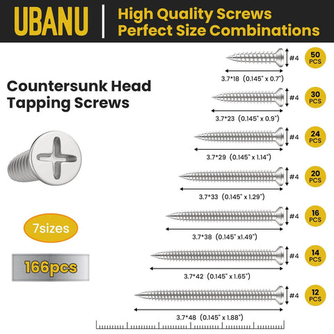 Diagram showing UBANU M4 Wood Screws Assortment Kit, High Hardness Phillips Drive Flat Head Screws Set sizes and quantities.
