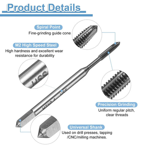 Heavy Duty Spiral Point Thread Taps 4 Pack Metric M2 X 0.4 H2 Accuracy TICN Coated Square Shank showing spiral point and high-speed steel.