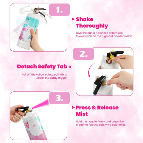 Instructions for Epic Gender Reveal Fire Extinguisher Kit Featuring Biodegradable Pink And Blue Cornstarch Powder for smooth activation