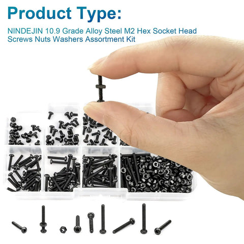 The Real Deal M2 Button Head Socket Cap Screw Assortment Kit 452 Pieces, hand holding black oxide steel screw from assortment.
