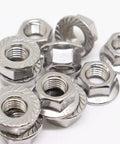 Badass Heavy Duty 304 Stainless Steel M10 X 1.25mm Hex Serrated Flange Nuts 30 Piece Set Bright Finish displayed on white background.