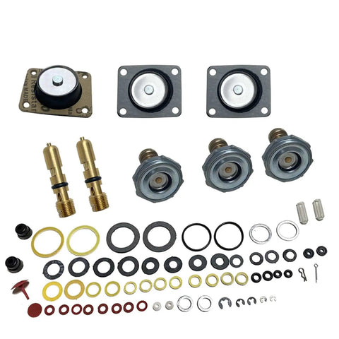 Carburetor Rebuild Kit Replacement For 37-485 Holley 4150 Model Double Pumper 4 Barrel CFM 600 650 700 750 800 850 With Gaskets O Rings Diaphragm Needle Power Valve Pro Grade Performance Upgrade shown with components.