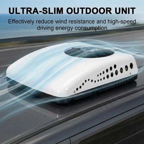 12V RV Rooftop Air Conditioner With 15000 BTU Heating And Cooling Brushless Compressors Ultra Quiet DC Powered AC installed on vehicle