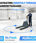 Heavy Duty Electric Pallet Jack With A Massive 4,400 Lbs Load Capacity navigating narrow spaces with a 54.9-inch turning radius.
