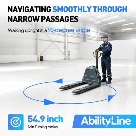 Heavy Duty Electric Pallet Jack With A Massive 4,400 Lbs Load Capacity navigating narrow spaces with a 54.9-inch turning radius.