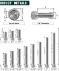 Rock Solid Heavy Duty 1/4 20 X 1.25 Inch Socket Head Cap Screw Bolt In 304 Stainless Steel 18-8 detailed dimensions and sizes.