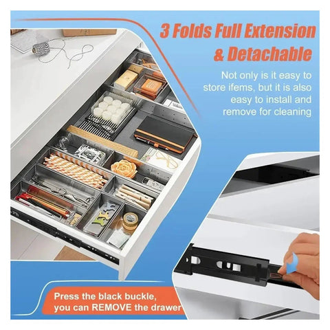 Heavy Duty Black Undermount Drawer Slides delivering dead smooth glide in a full-extension drawer with organized items.