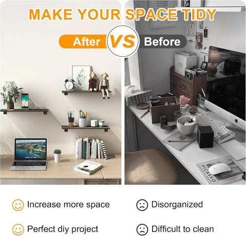 Legit Heavy Duty Floating Shelf Brackets 6 Pack With Mounting Hardware Solid Iron L Brackets For Wall Shelves showcased in tidy vs disorganized home office.