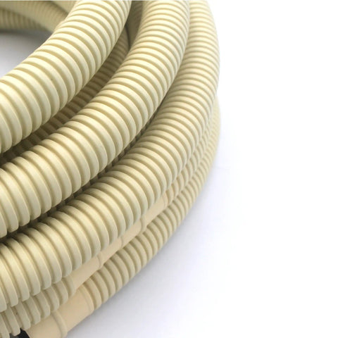 Close-up of flexible mini split drain hose for AC units 5/8 inch ID, 25 ft long, showing ribbed beige texture ideal for HVAC condensate management.