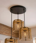 milaruoro Farmhouse Pendant Light Fixture, 3 Light Black Wood Pendant Lighting, 17.7" Wooden Chandelier with golden shades.