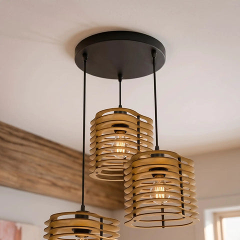 milaruoro Farmhouse Pendant Light Fixture, 3 Light Black Wood Pendant Lighting, 17.7" Wooden Chandelier with golden shades.