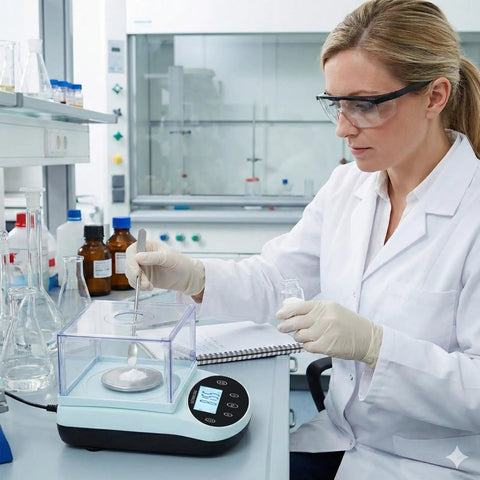 Scientist using Beast Precision Lab Digital Scale 500G X 0.001G With Windshield for laboratory measurements