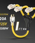 L14-30P Generator Adapter Cord To 4 X 5-15R And 5-20R Household Plugs, 25 Ft SJTW 10AWG/4C, 125/250V 7500W, ETL Listed Beefed-Up