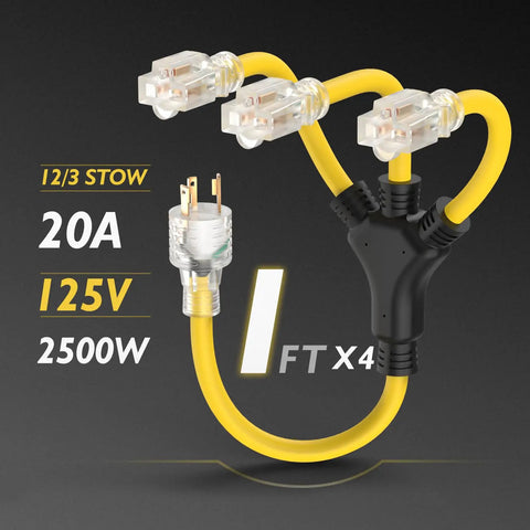 L14-30P Generator Adapter Cord To 4 X 5-15R And 5-20R Household Plugs, 25 Ft SJTW 10AWG/4C, 125/250V 7500W, ETL Listed Beefed-Up