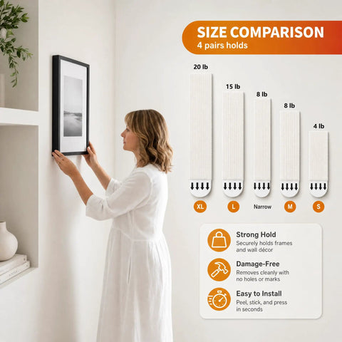 Woman using Large Picture Hanging Strips 28 Pairs 56 White Strips Heavy Duty Adhesive Hook And Loop Tape for hanging frame