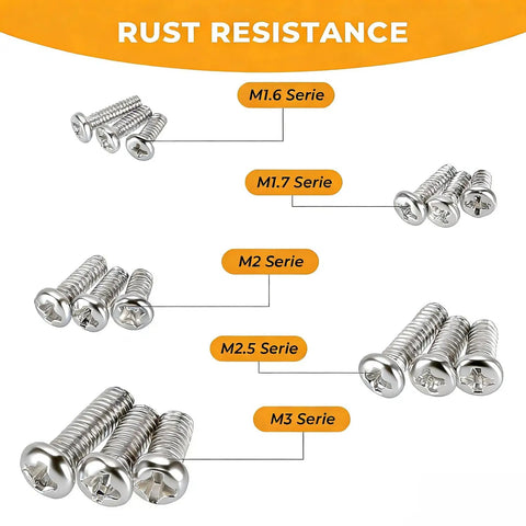 Heavy Duty 1000 Piece Phillips Pan Head Machine Screws Kit With Rust Proof Carbon Steel Fasteners M1.6, M1.7, M2, M2.5, M3 Series.