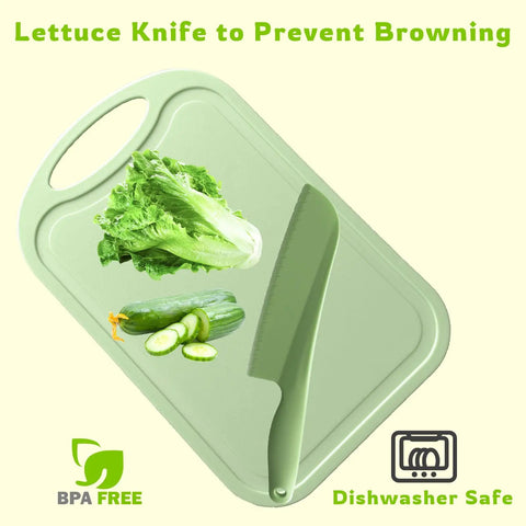 11 Inch Plastic Lettuce Knife With Serrated Blade To Keep Greens Kickin Fresh And Block Browning on a cutting board with vegetables.