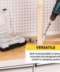 All In One Aluminum Pocket Hole Jig Kit With Carrying Case For Easy Corner And Angle Joints Face Frame Cabinets Leg And Rail Projects Do It Yourself Woodworking Made Simple With A Durable Pocket System For Quick Strong Joints, shown in use with drill and wood on workbench.