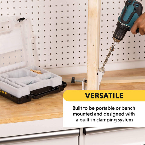 All In One Aluminum Pocket Hole Jig Kit With Carrying Case For Easy Corner And Angle Joints Face Frame Cabinets Leg And Rail Projects Do It Yourself Woodworking Made Simple With A Durable Pocket System For Quick Strong Joints, shown in use with drill and wood on workbench.