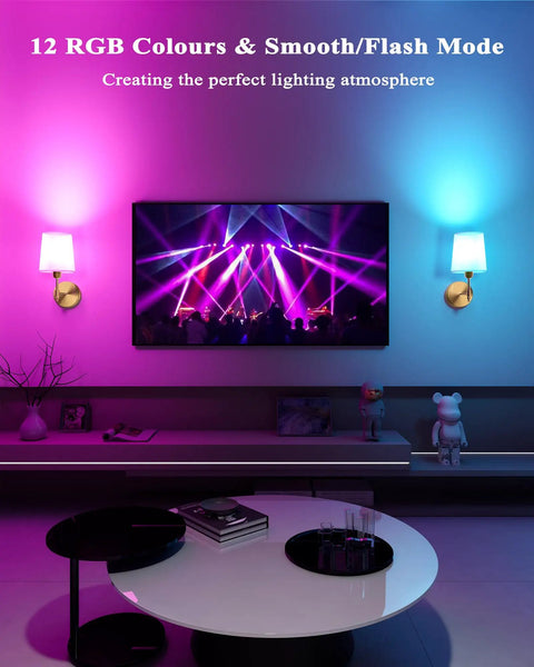 Super Sleek Battery Operated Wall Sconces Set Of 2 With Remote Control And Rechargeable RGB Bulbs In Classic Gold creating a cozy atmosphere.