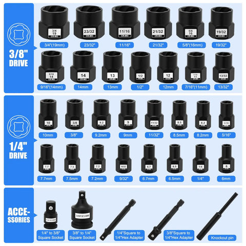 34 Piece Bolt Extractor Set To Pull Out Stubborn Rusted Bolts Nuts And Screws Fast With One Quarter Inch And Three Eighth Inch Drive Remover