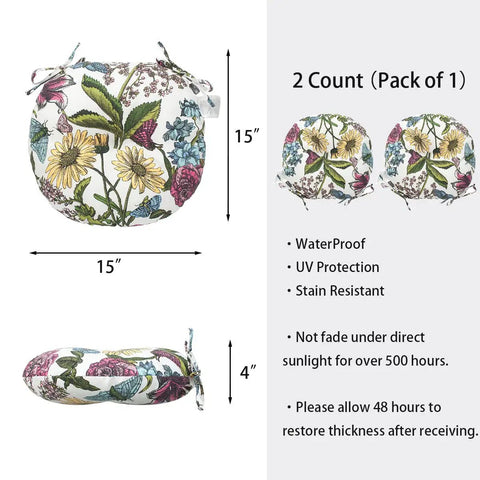 Round Tufted Chair Cushions Set Of 2 15x15x4 Inches Water Resistant With Ties Butterfly Flower Pattern