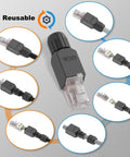Multiple angles of Tool Free RJ45 Connector For CAT6 Gold Plated Modular Plug No Crimp Needed Easy DIY Friendly Install UTP CAT6