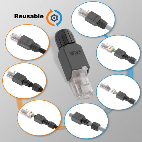 Multiple angles of Tool Free RJ45 Connector For CAT6 Gold Plated Modular Plug No Crimp Needed Easy DIY Friendly Install UTP CAT6