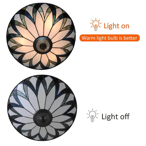 Vintage Stained Glass Ceiling Light 18-Inch Flush Mount Fixture With Bowl Shade on and off view