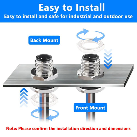 Installation diagram for IP67 M12 4 Pin A Coded Male Connector Cable 0.7ft Rear Bulkhead Panel Receptacles, showing back and front mount options.