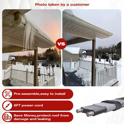 Comparison of roof before and after using 8W Per Foot Roof And Gutter Heat Cable No Fuss Self Regulating Ice Dam Prevention
