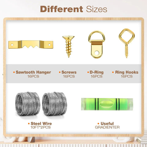 Killer 322 Piece Picture Hanging Hardware Kit With Heavy Duty Wall Mount Anchors And Reliable Frame Hooks: Various sizes of hangers, screws, and steel wire.