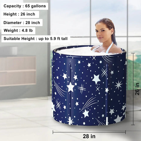 Woman in Portable Foldable Bathtub For Adults With Cushion, Freestanding Collapsible Soaking Tub For Home Spa, size 28x26 inches.