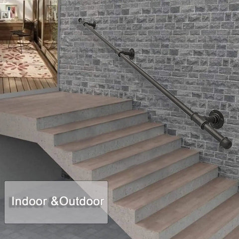 Black Wrought Iron Stair Handrail Wall Mounted Indoor Outdoor Support Bar With Kickass Ergonomic Grip for stability on steps.