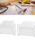 Premium Heavy Duty Adjustable Woodworking Featherboard Keeps Hands Safe On Table Saws And Router Tables, two white featherboards on a workbench.