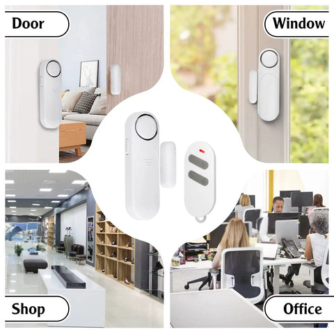 120dB Door And Window Alarm Sensor Kit With 3 Modes No Brainer Setup For Home Security Includes 3 Contact Sensors And 3 Remote Controls For Instant Alerts And Total Peace Of Mind installed on door, window, and shown in shop and office settings