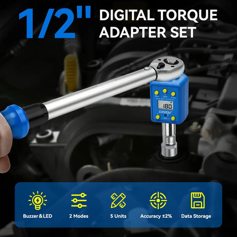 Half Inch Digital Torque Adapter Kit for Ratchets and Breaker Bars, 10 to 200 Nm, displayed with features and automotive use.