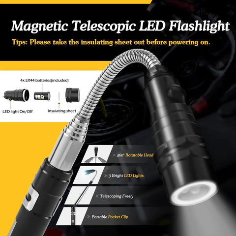 360 Degree Flexible Magnetic Flashlight And Telescoping Magnetic Pickup Tool Kit with LED flashlight features and components displayed