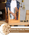Person using 300 Pack Solid Wood Pocket Hole Plugs For Pocket Hole Jig, Pine Wood Plugs for DIY woodworking on furniture in workshop