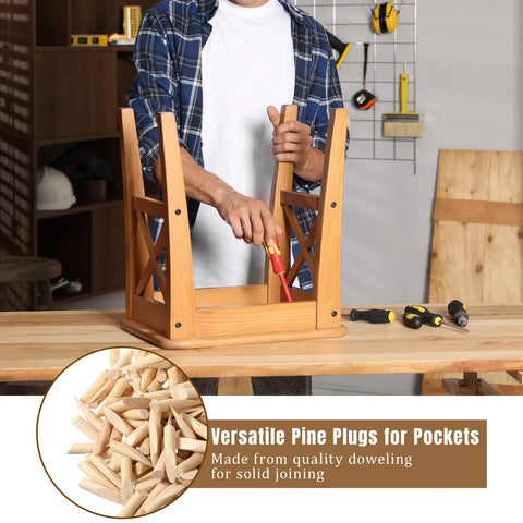 Person using 300 Pack Solid Wood Pocket Hole Plugs For Pocket Hole Jig, Pine Wood Plugs for DIY woodworking on furniture in workshop