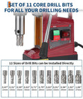 Magnetic Drill Press With Beefy Power, 820 RPM, 1.57 Inch Boring Diameter and 11 core drill bits for metal.