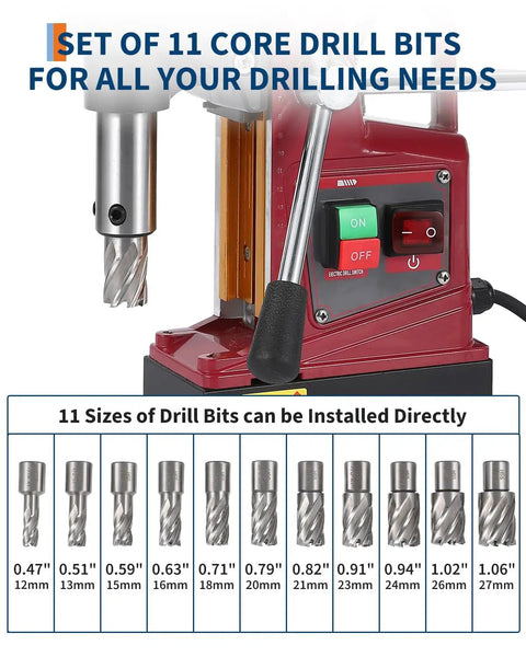 Magnetic Drill Press With Beefy Power, 820 RPM, 1.57 Inch Boring Diameter and 11 core drill bits for metal.