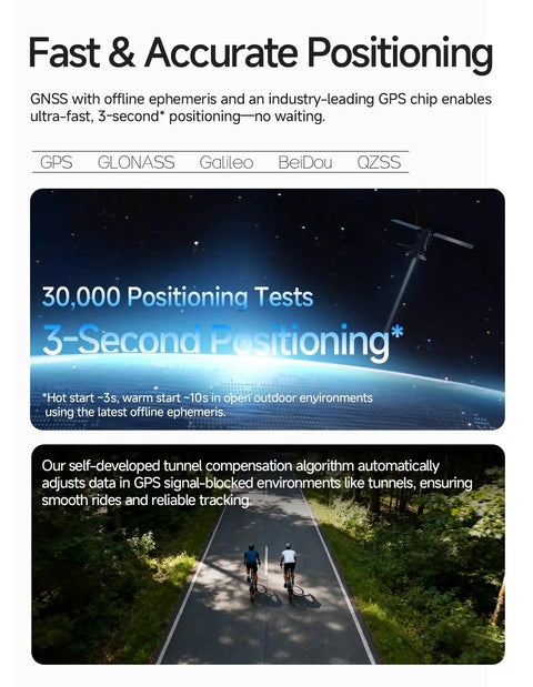 BSC100MAX GPS Bike Computer With 3 Inch Display featuring fast 3-second global positioning and tunnel compensation algorithm